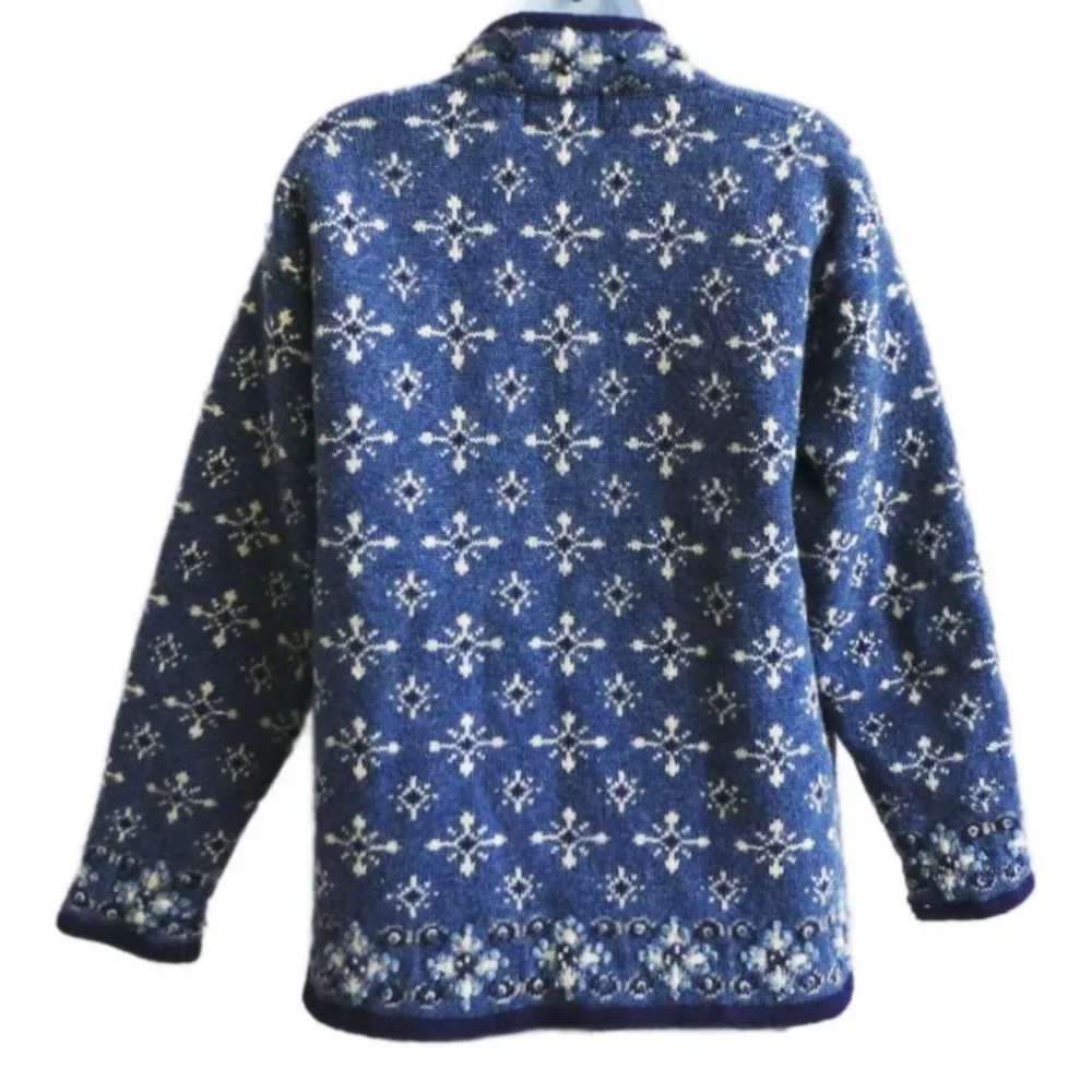 Icelandic Design Blue 100 Wool Cardigan Sweater Atlandia 2000 Y2K Snowflakes L